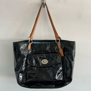 Coach Signature C Patent Leather Tote Bag Black Tan
